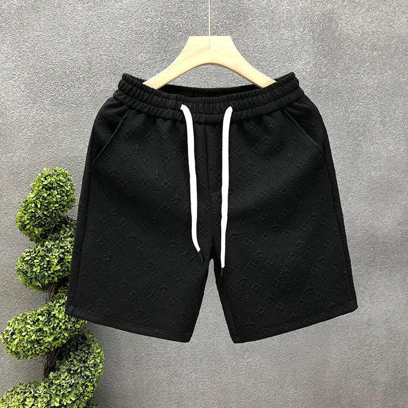 White jacquard shorts for men with straight cut and micro elastic fabric, displayed on a model