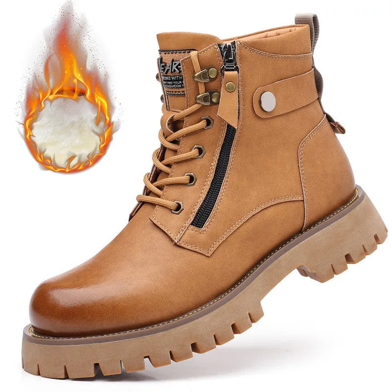 Men's brown high-top leather Martin boots with a velvet upper and a side zipper