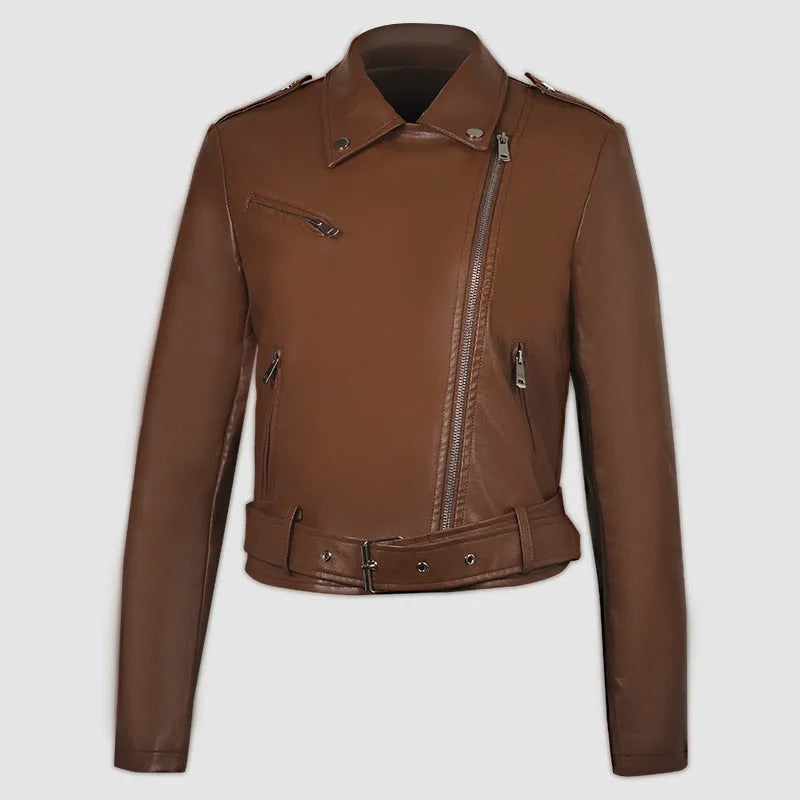 Women's black PU leather motorcycle jacket with lapel collar and short waist belt.