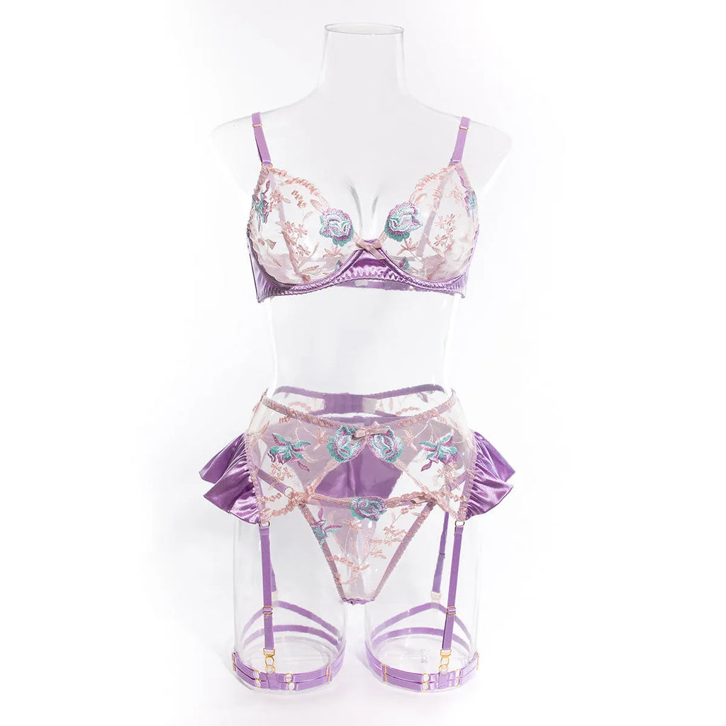 Light purple mercerised embroidery satin lingerie four-piece set with matching components
