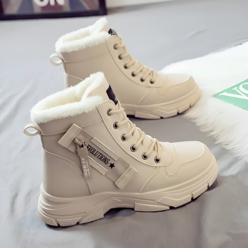 Plus size women's tall lace-up snow boots with fleece lining and a rubber sole.