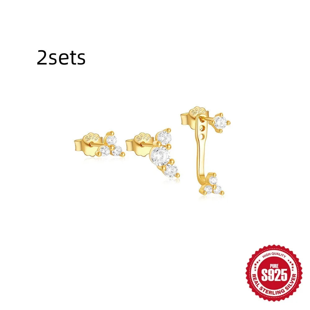 S925 sterling silver geometric zircon tassel earring set with three matching studs in gold colour