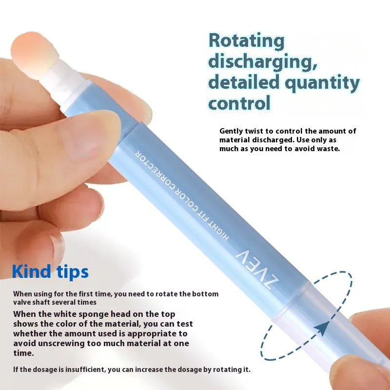 Concealer pen with sponge brush head applicator shown in brightening, pink, and natural flesh colour shades.