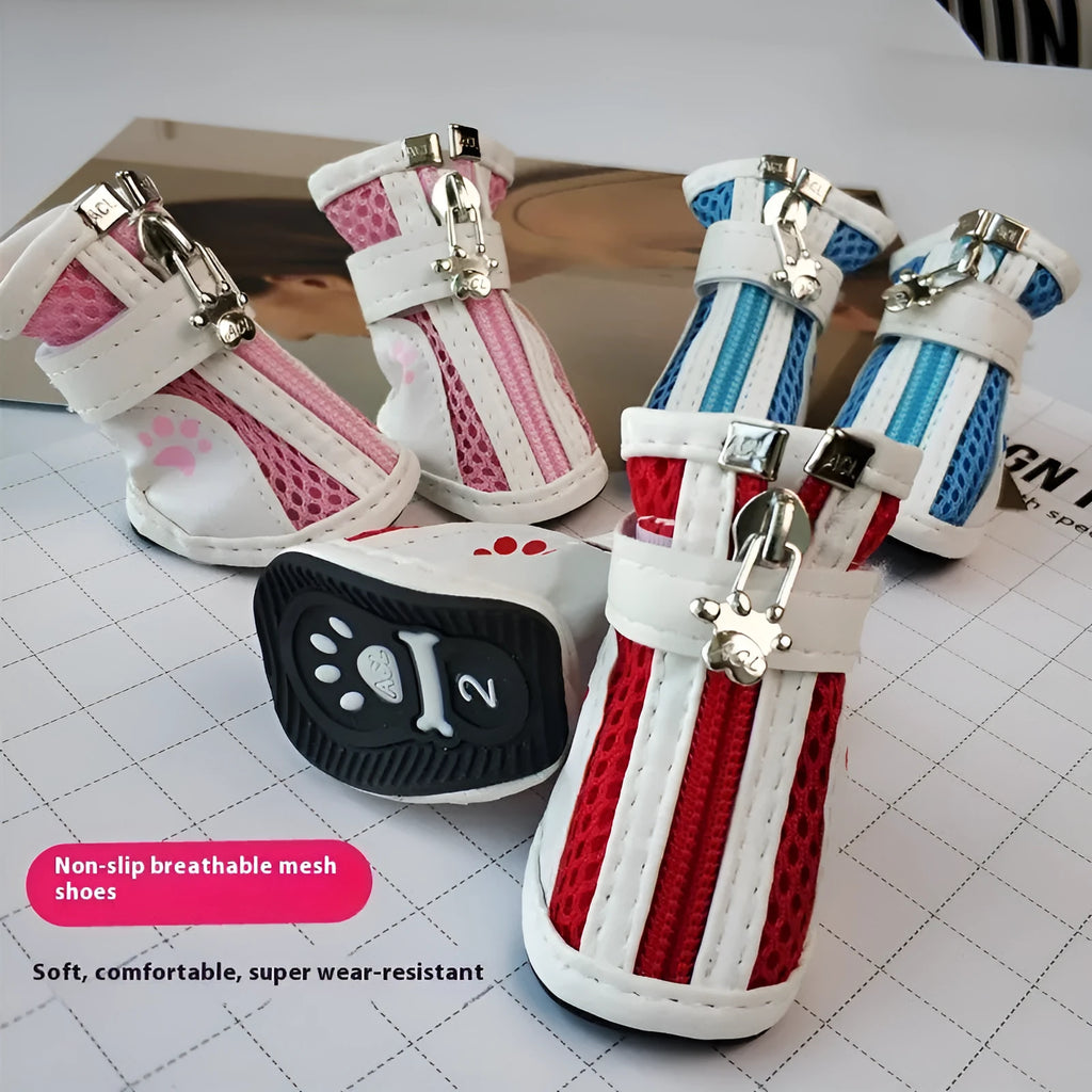 VIP Teddy Schnauzer style dog shoes with zipper closure in blue, pink, and red colours