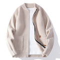 Men's striped sweater cardigan jacket in beige, grey, black, red, or green, straight fit.
