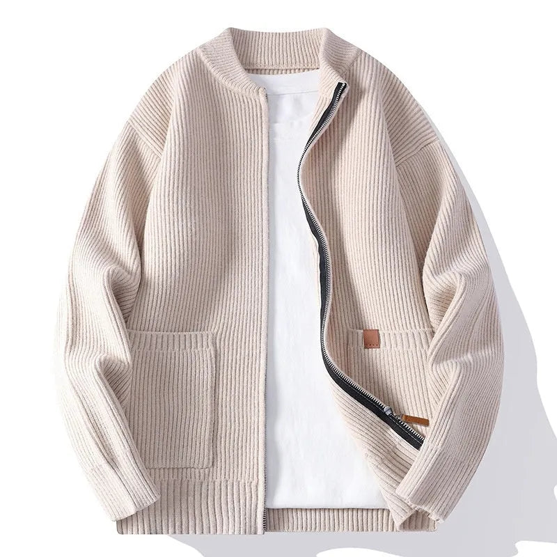Men's striped sweater cardigan jacket in beige, grey, black, red, or green, straight fit.