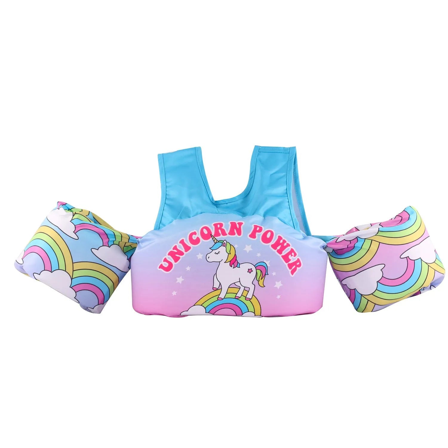 Children's swimsuit with extended arm swimming ring in colourful cartoon designs