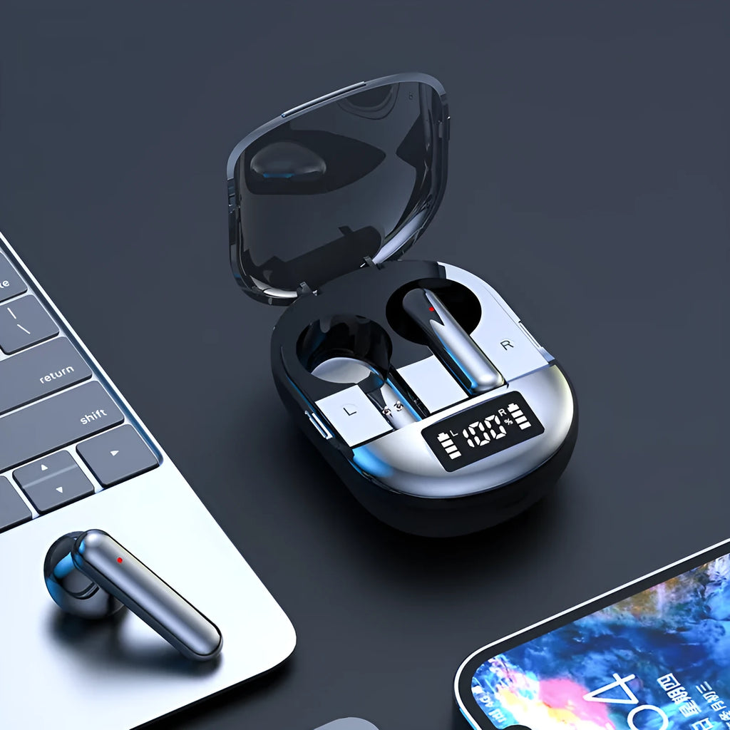 Wireless Bluetooth headset with charging bin showing digital display screen