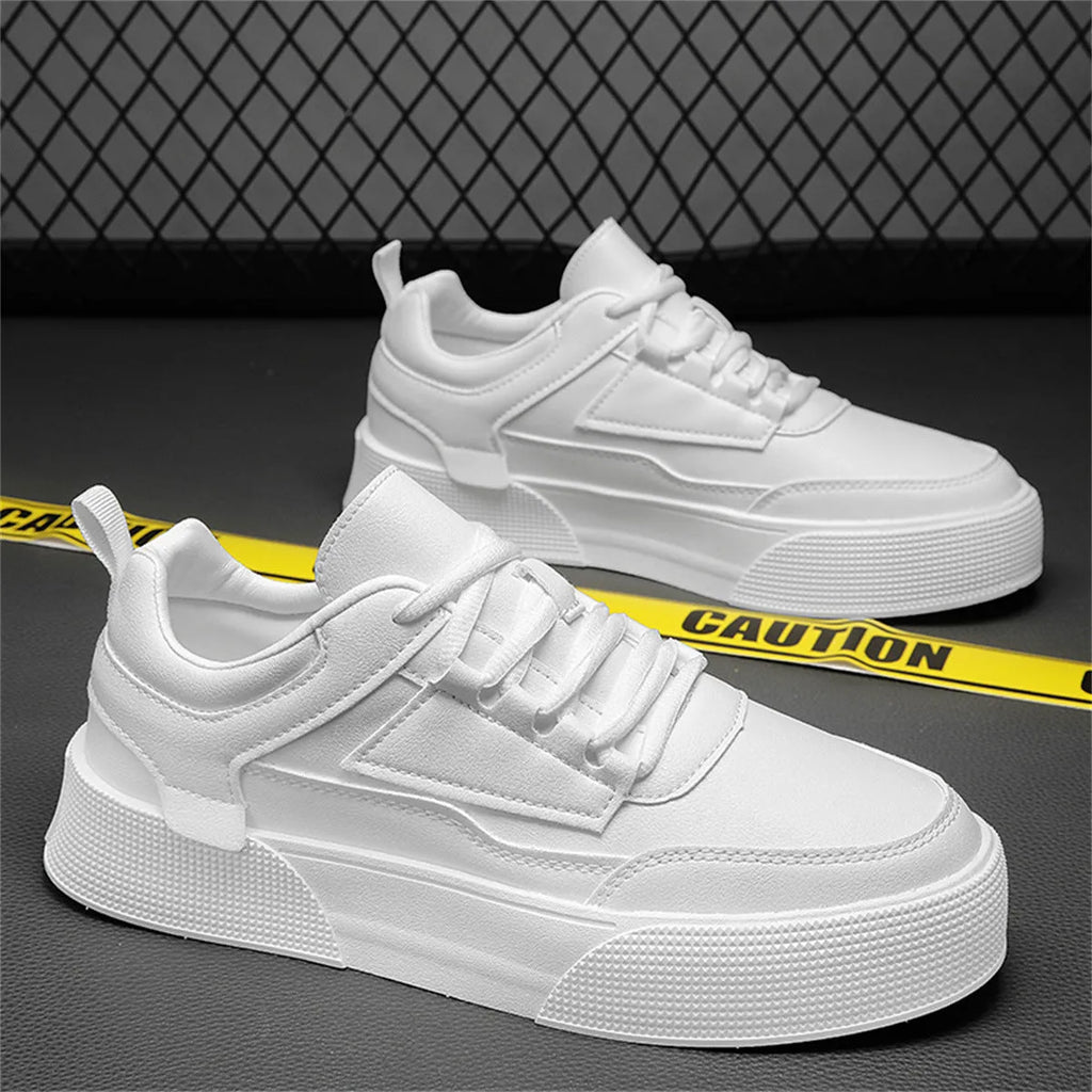 Men's casual sports shoes, artificial PU upper, lace-up round toe flat heel, solid colour ZK802 White