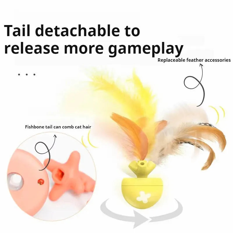 USB electric cat teasing ball with fish bone design and detachable teasing stick in blue, pink and yellow colours