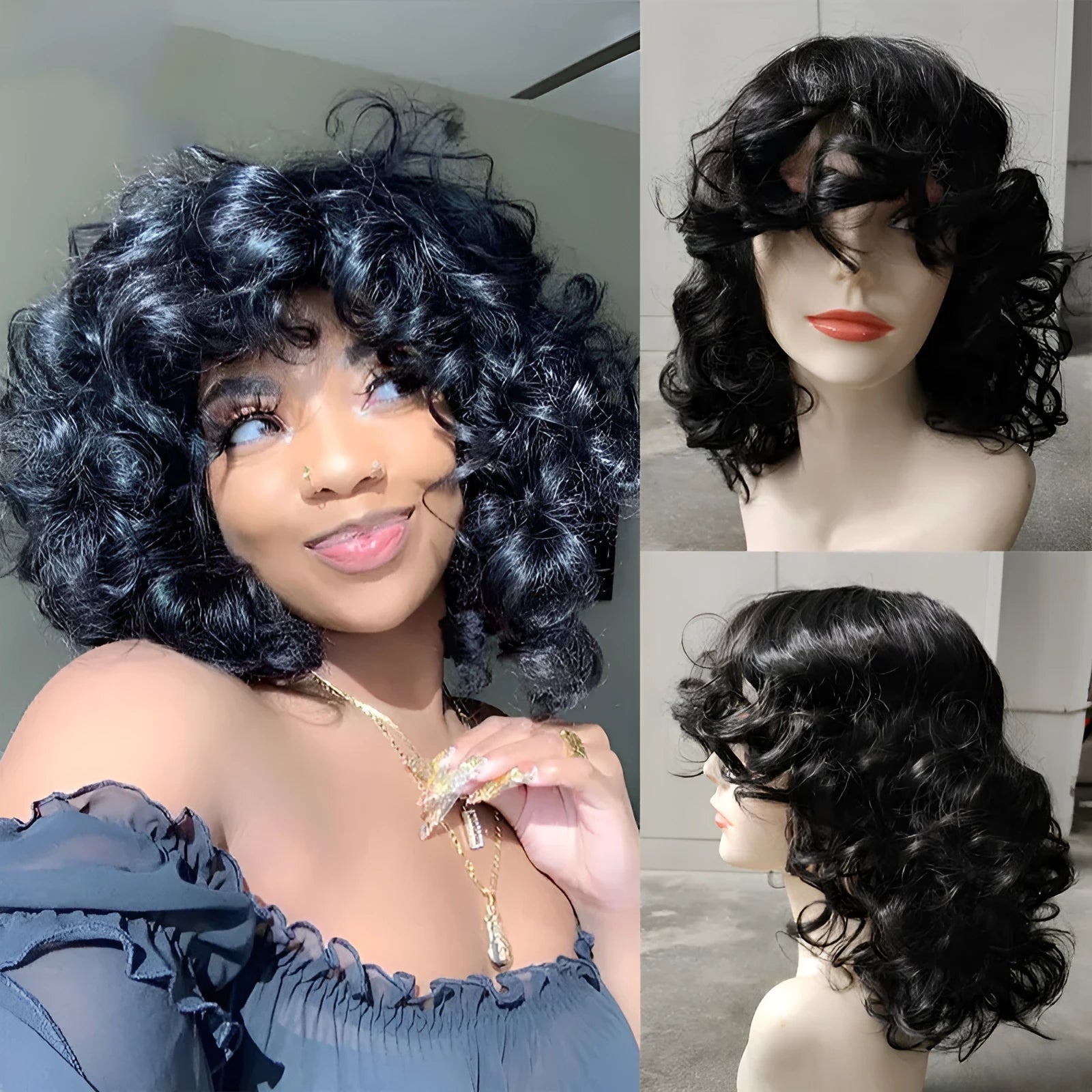 Black short Afro synthetic wig with long curly hair, shown on a model.