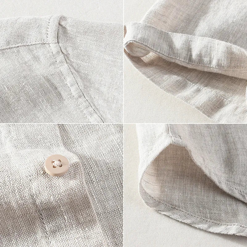 Men's light grey linen short sleeve shirt with a square collar, shown unbuttoned in a cardigan style.