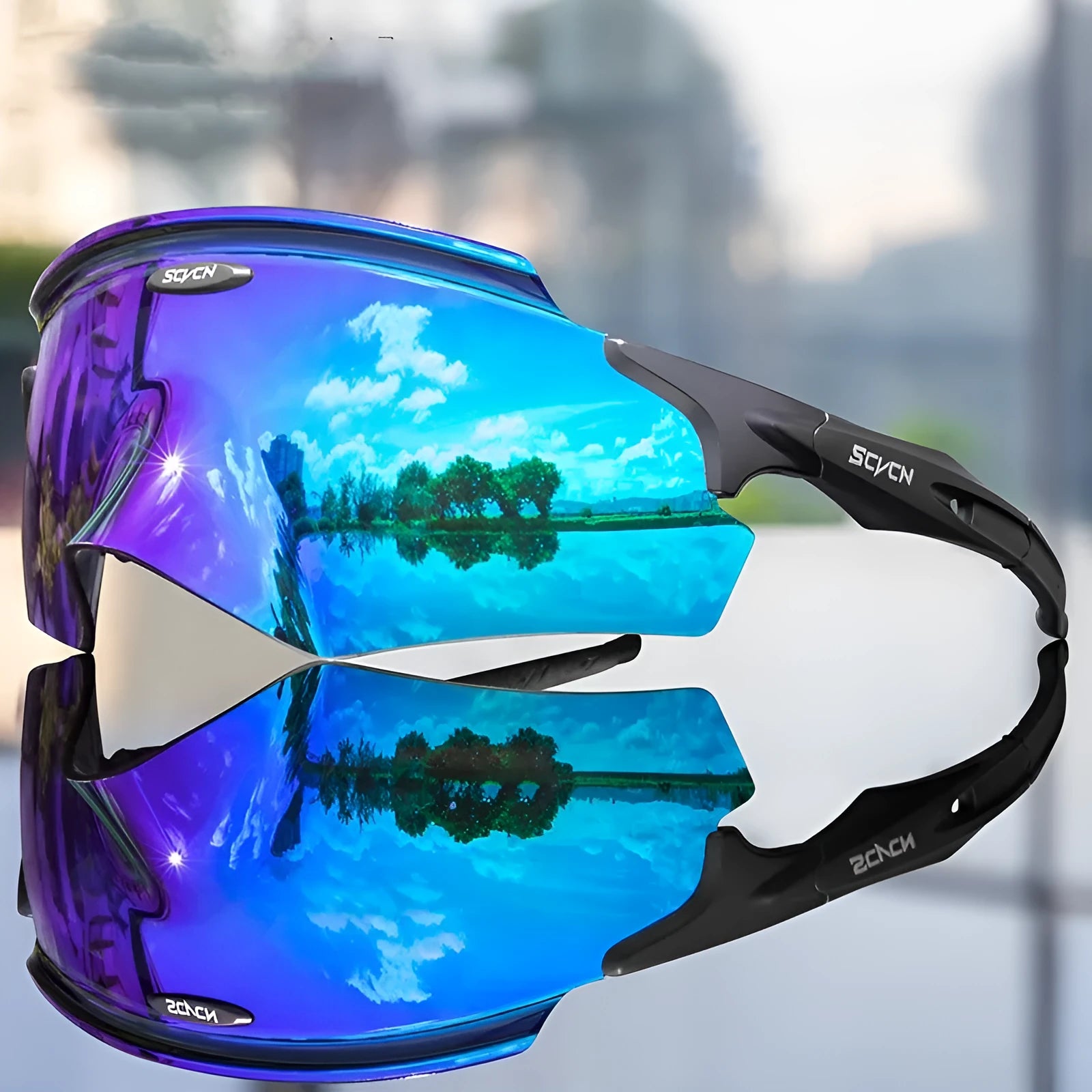 Frameless sports glasses with a single colourful lens for windproof protection during cycling and running.