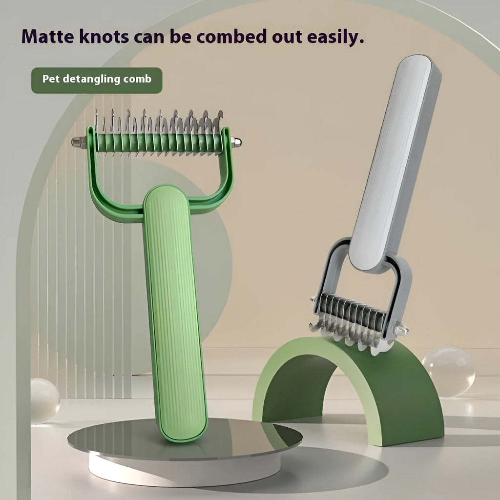 Green and grey dog de-matting combs showing large and small sizes with stainless steel teeth.