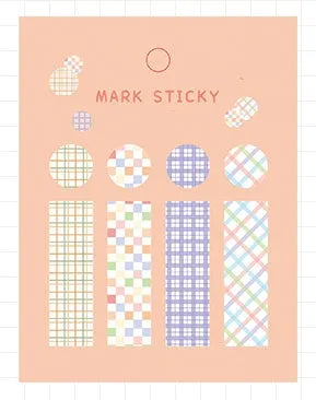 Pack of clear PVC index stickers in various colours, showing 15mm by 50mm size for study notes.
