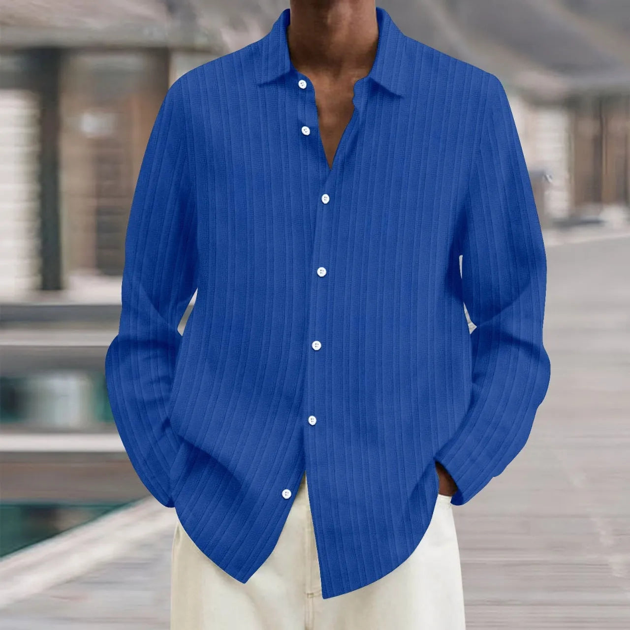 Men's striped British style cardigan shirt with 3D pattern and long sleeves