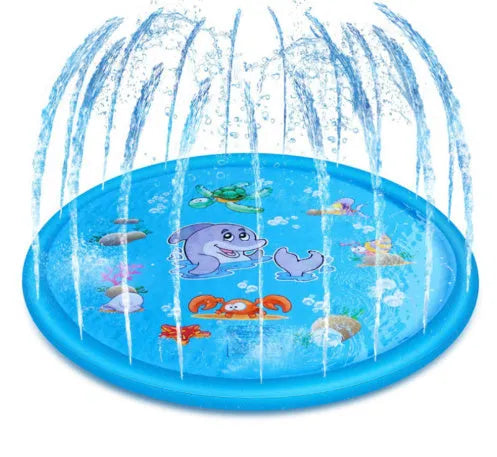 Blue children's water spray play mat with marine animal prints on grass