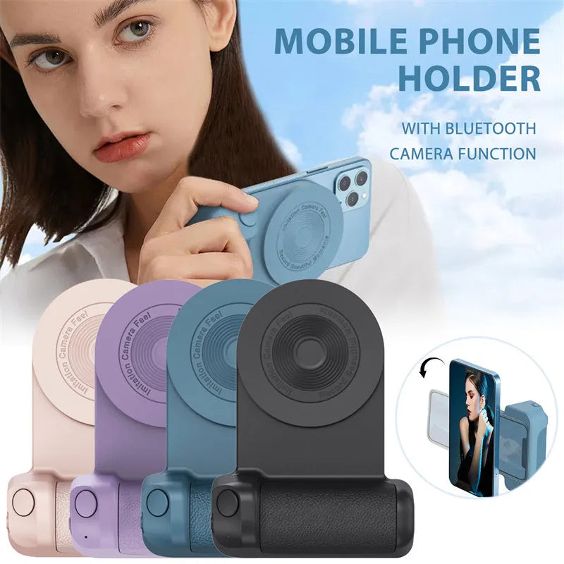 Black 3-in-1 magnetic phone camera handle with rotatable stand and PU leather grip