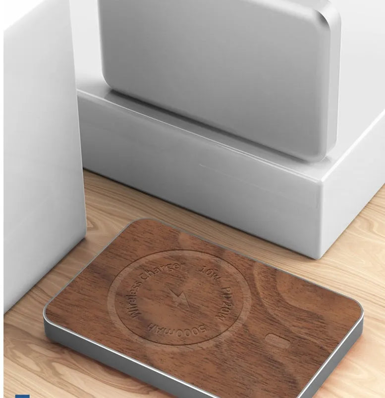 Khaki-coloured magnetic wireless charging bank with USB port and alloy shell