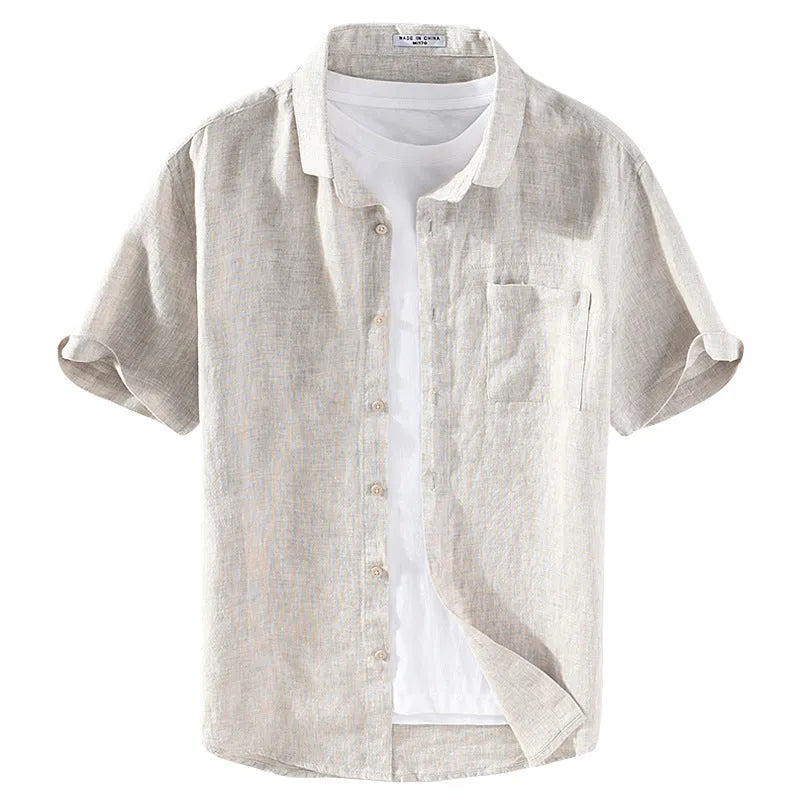 Men's light grey linen short sleeve shirt with a square collar, shown unbuttoned in a cardigan style.