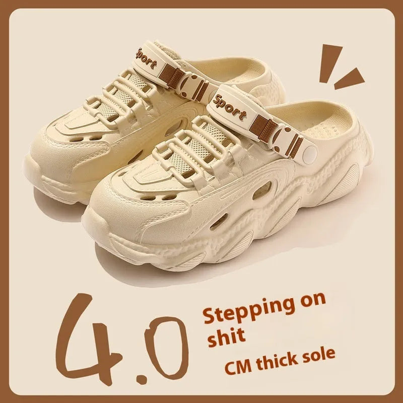 Men's khaki summer slippers with hollow-out design and textured EVA non-slip sole