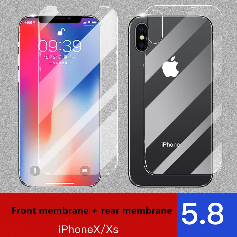 Tempered glass screen and rear protector films for Apple iPhone 11, X, and XS models.