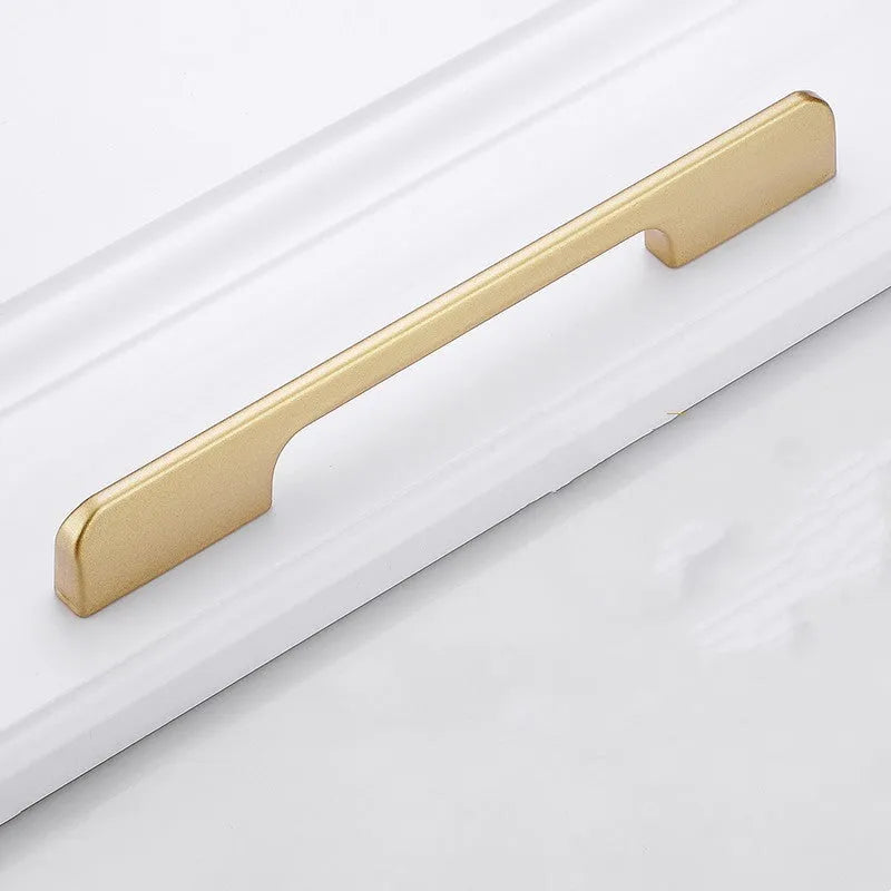 Gold T-shaped aluminium alloy single hole cabinet handle showing hole distance options.