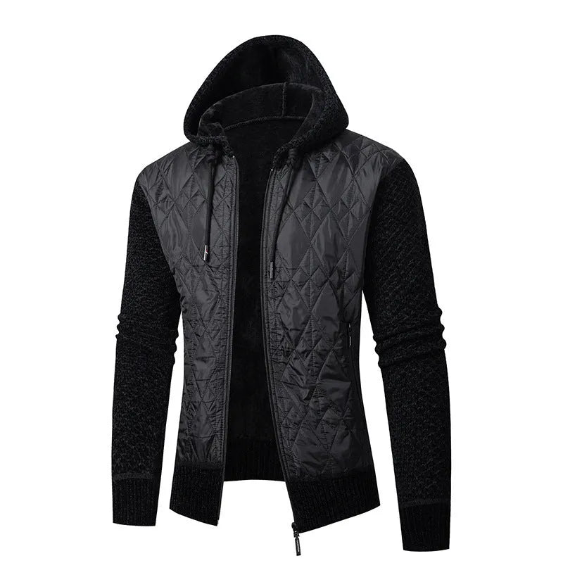 Men's gray hooded corduroy sweater coat with cinched waist styling for winter wear