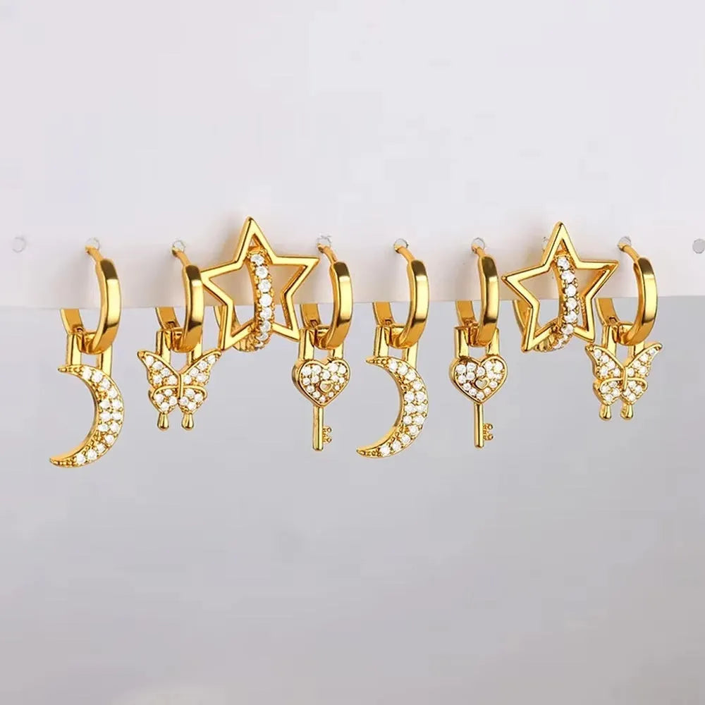 Women's irregular geometric butterfly copper earrings with heart and star shapes