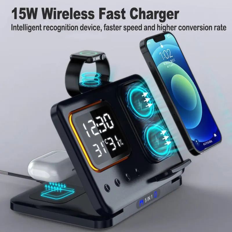 Black and white 5-in-1 wireless charging dock station with phone, watch and earphones charging, showing LED clock display.
