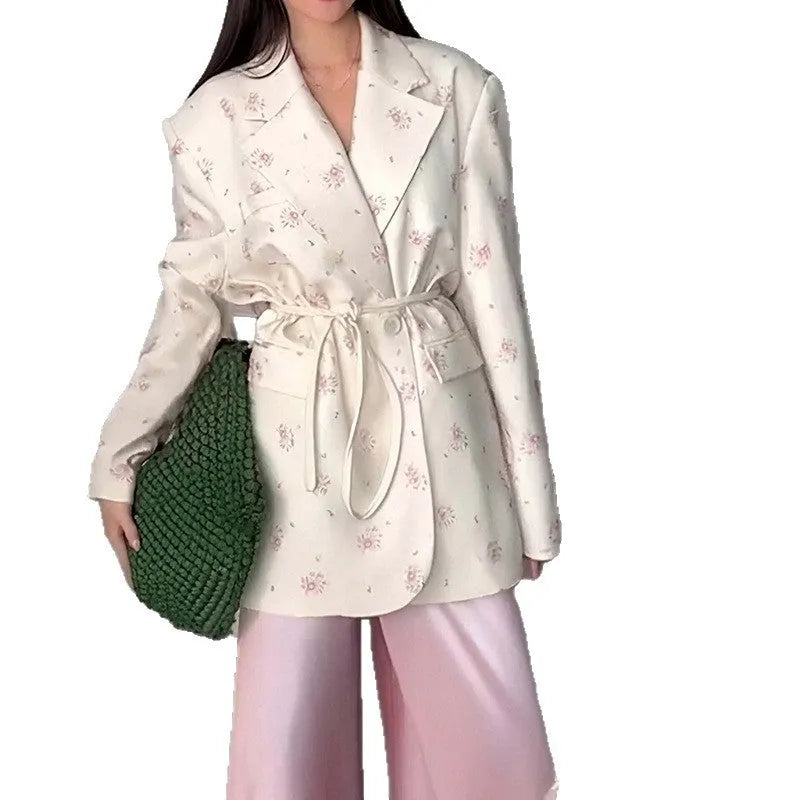 Collar lace-up waist-tight suit jacket with adjustable waist design and regular long sleeves