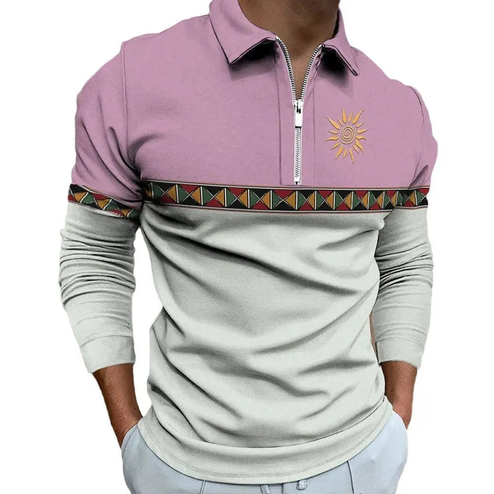 Men's loose fit long sleeve polo shirt with striped retro print and zipper details on sleeve.