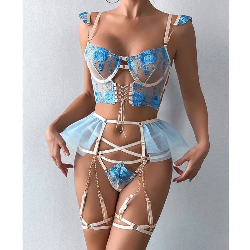 Light blue transparent lace bra set with embroidery and matching pants