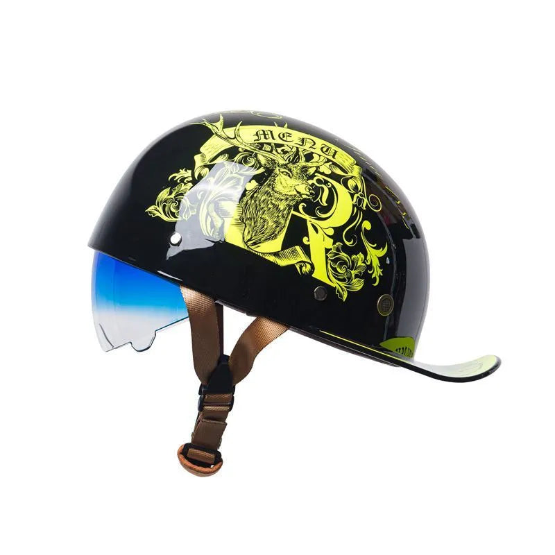 Men's electric bicycle retro half helmet in bright black gradient blue colour with matching gradient blue lens