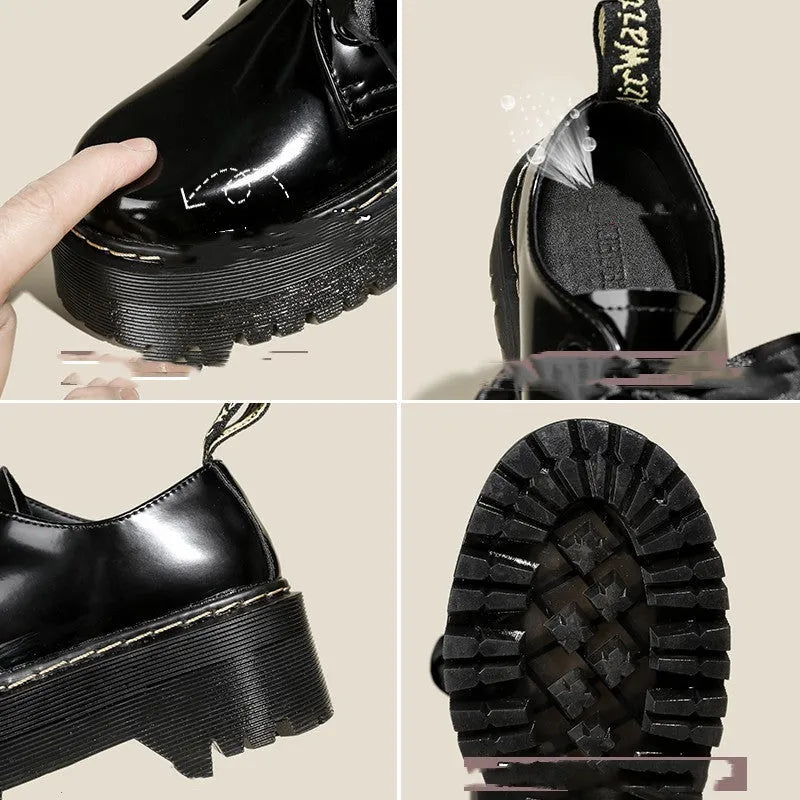 Women's thick soled leather shoes with ribbon cross straps and lace-up closure in black colour