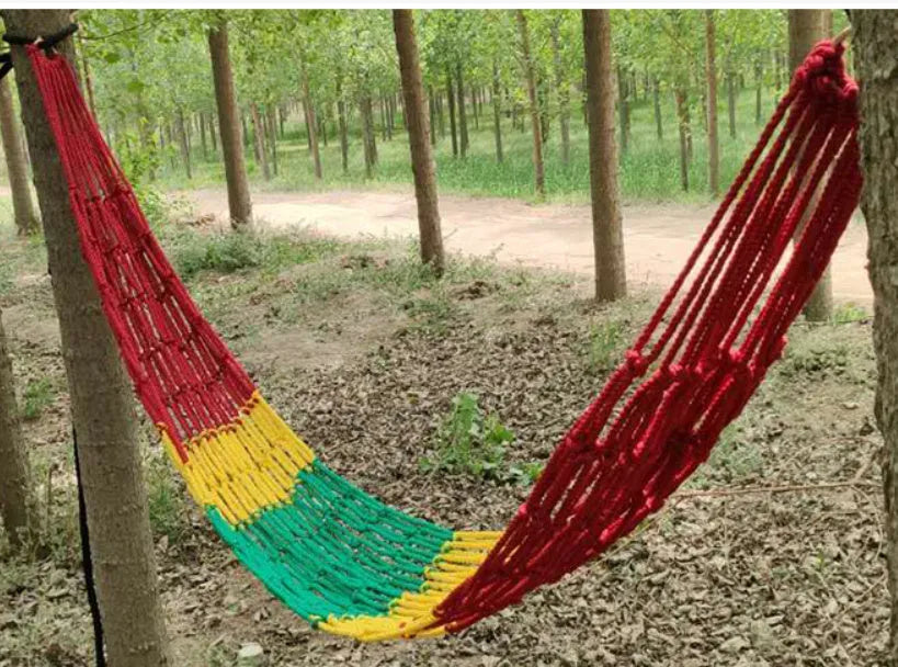 Nylon rope mesh hammock showing 1.1m width and 2.1m length dimensions for outdoor use