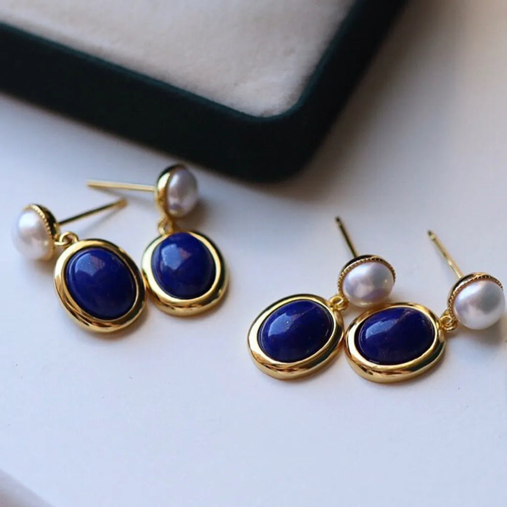 Natural lapis lazuli pearl stud earrings in sterling silver with simple design