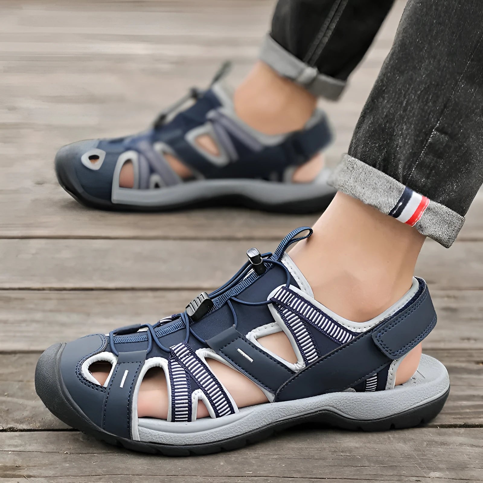 Men's summer casual sports shoes in LX01 blue with mesh upper, rubber sole and Velcro closure