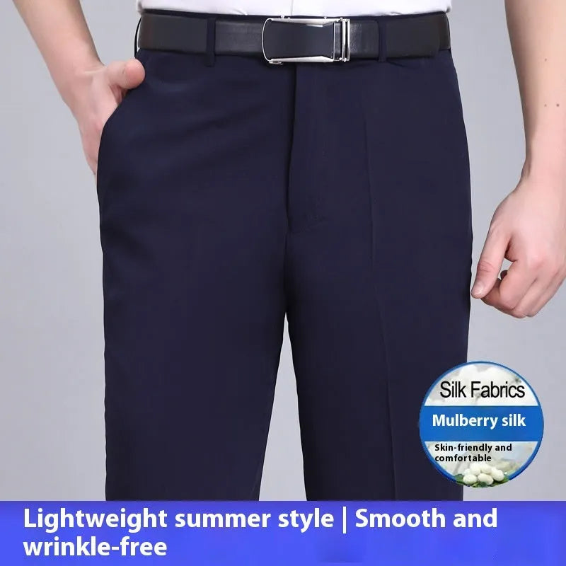 Men's straight cut black mulberry silk blend business trousers with high waist on a hanger.