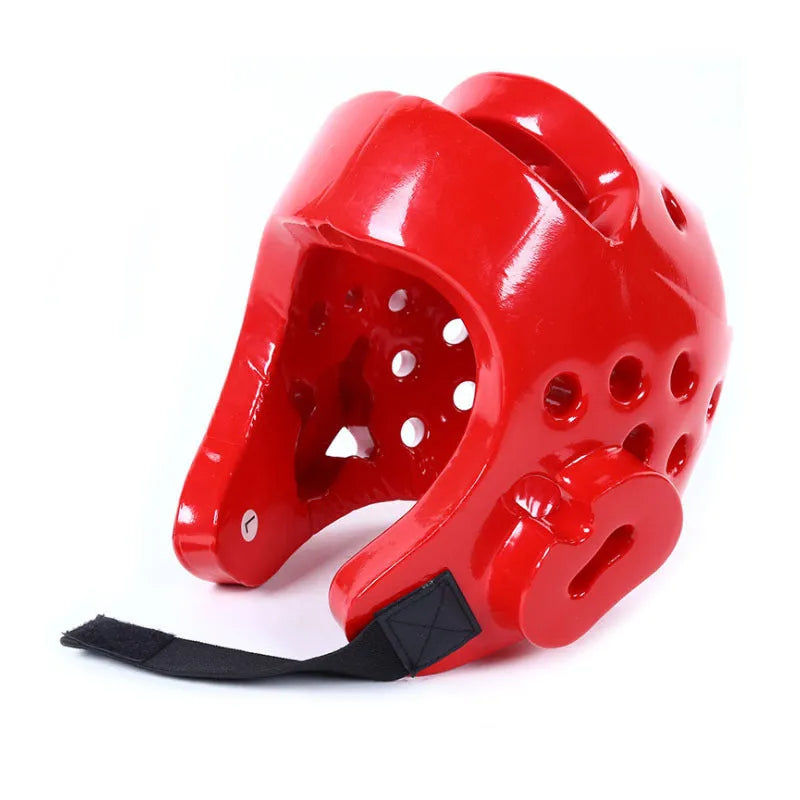 Red and blue karate protective gear set with helmet, boxing gloves, and leg guard