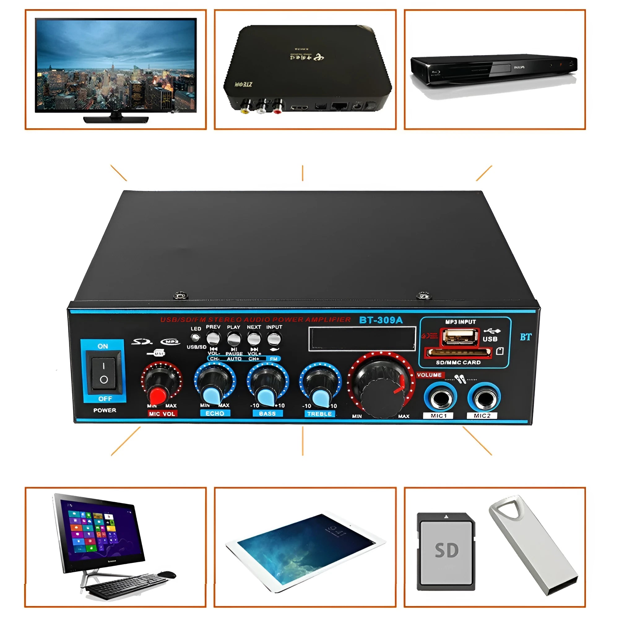 BT-309A-A black dual-power amplifier with Bluetooth and FM for home car audio