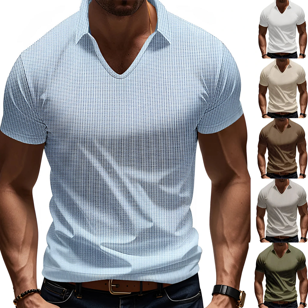 Men's loose fit light grey V-neck short sleeve casual t-shirt laid flat