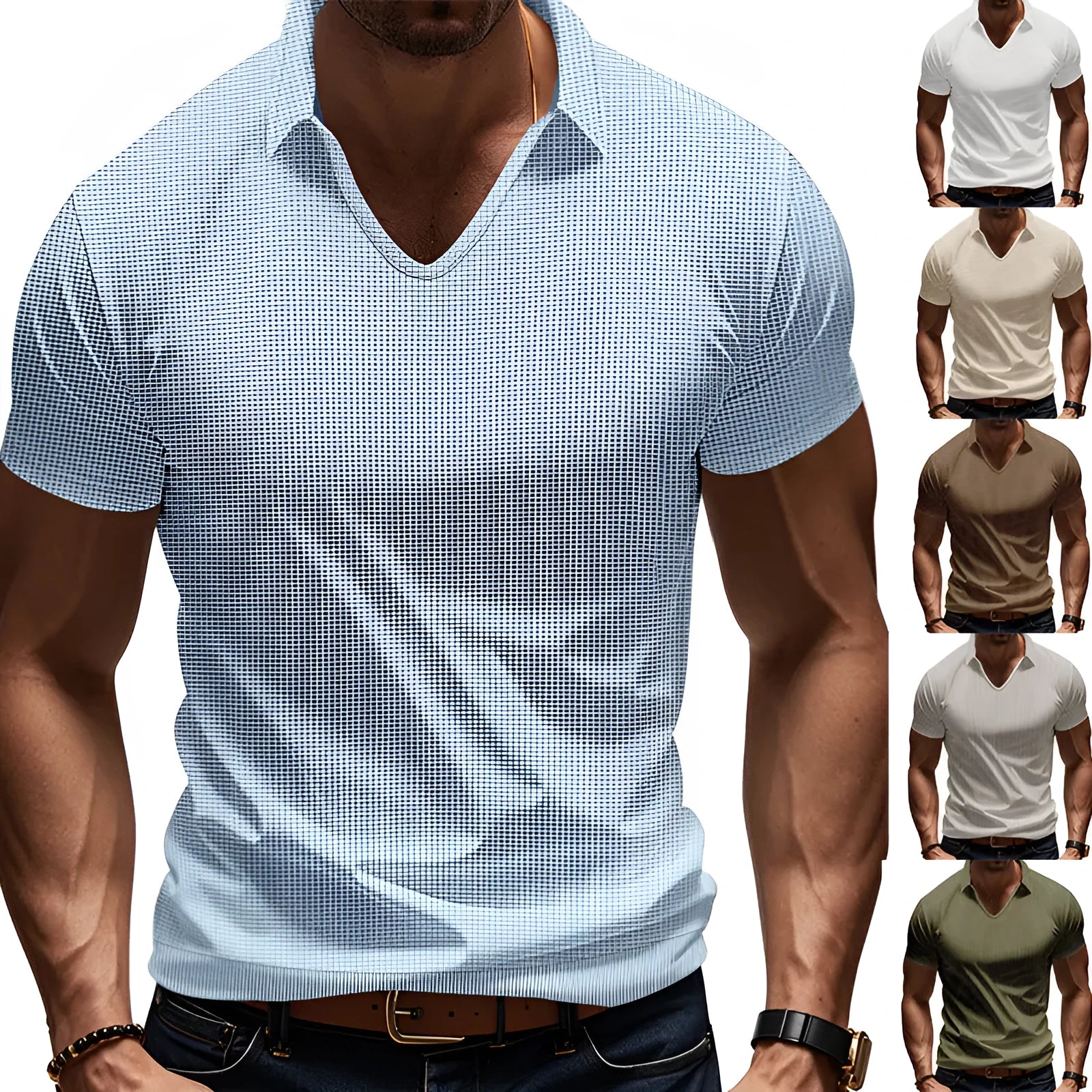 Men's loose fit light grey V-neck short sleeve casual t-shirt laid flat