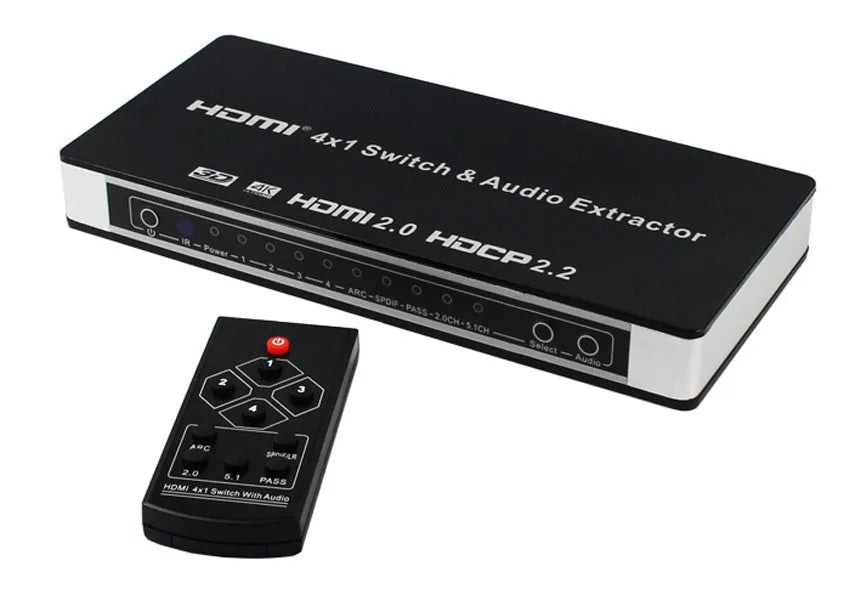 Black HDMI audio switch with remote control for 4 input 1 output video switching