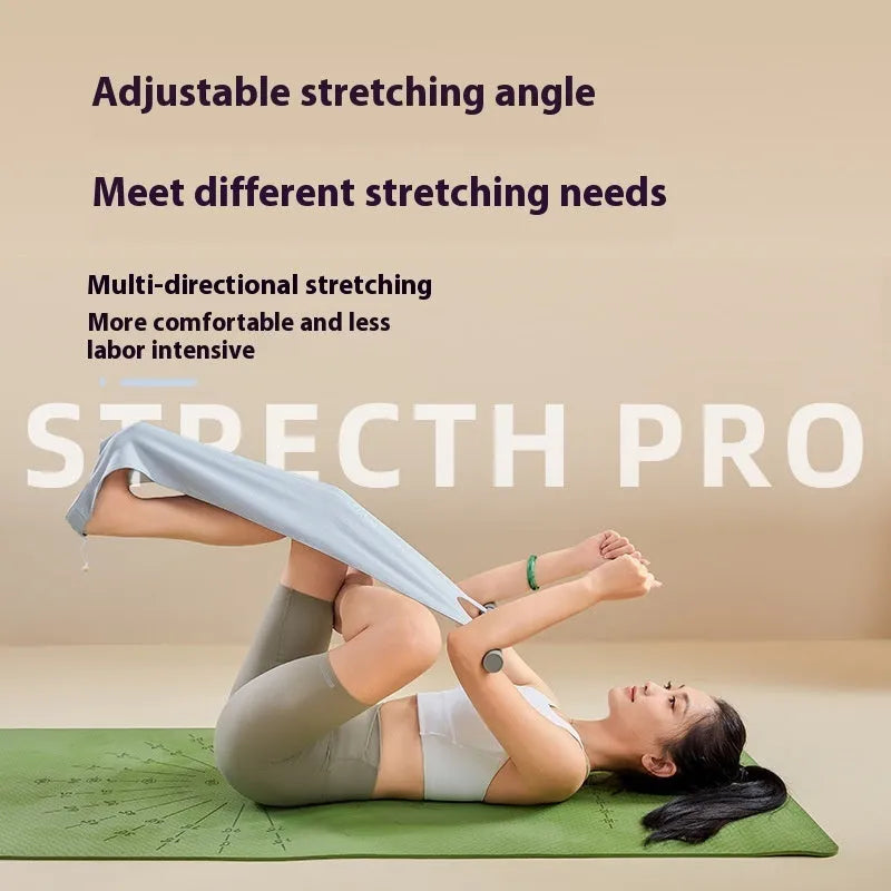 Grey or pink yoga stretching tool for open shoulder, back and hip flexibility exercises