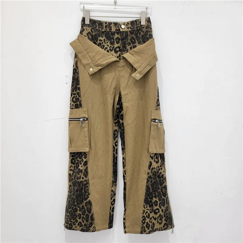 Dark khaki leopard print high waist straight-leg jeans with contrast colour fake stitching detail