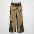 Dark khaki leopard print high waist straight-leg jeans with contrast colour fake stitching detail