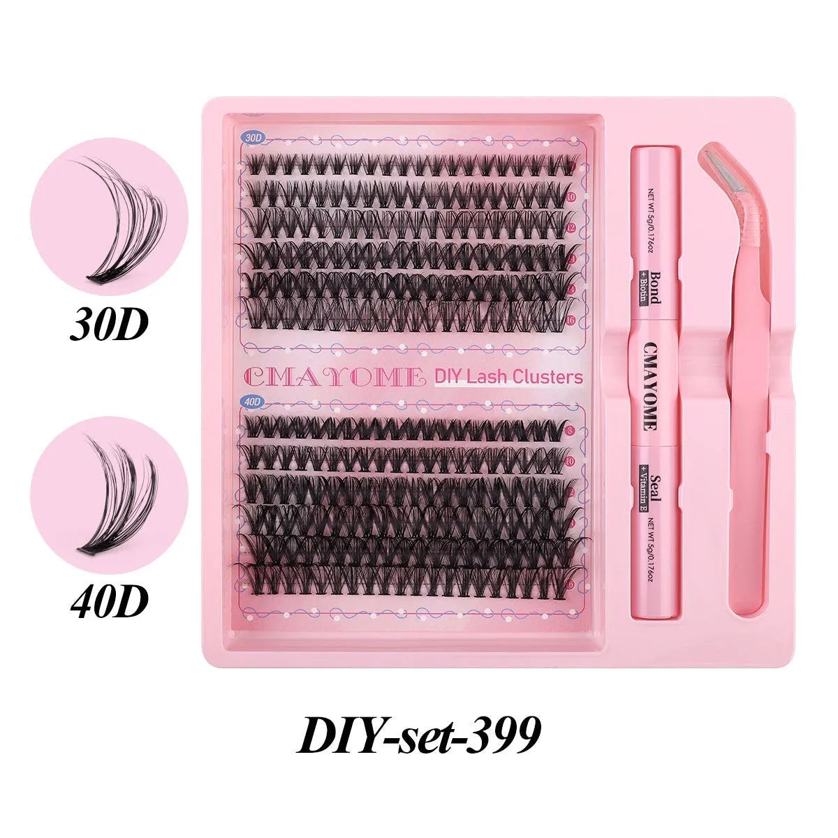 DIY single cluster false eyelashes, artificial fibre, individual lashes on a clear tray.