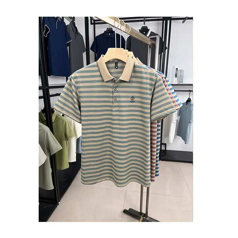 Men's striped casual t-shirt with mosaic pattern in polyester fabric showing colour options