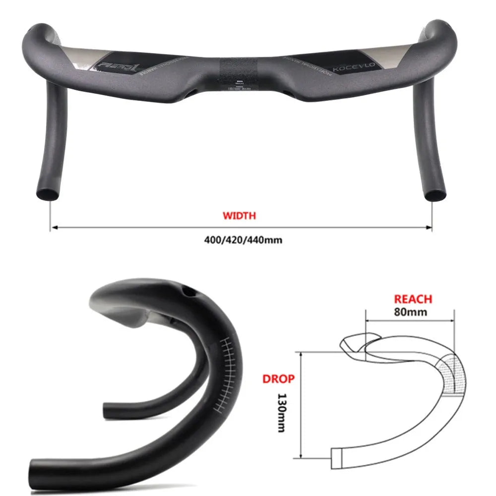 Matt black carbon fibre bent road bicycle handlebar shown from above.
